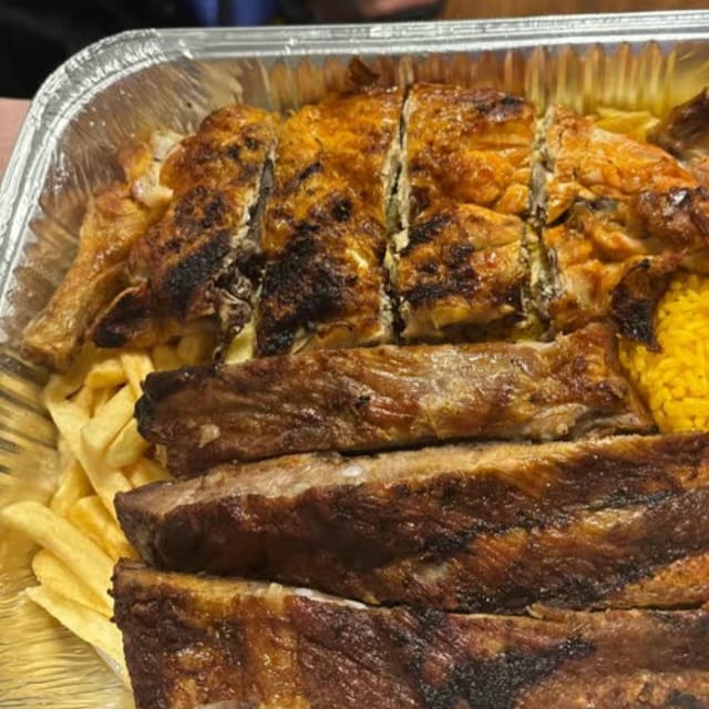 BBQ 1/2 Chicken & 1/2 Pork Ribs Rice & French Fries.
