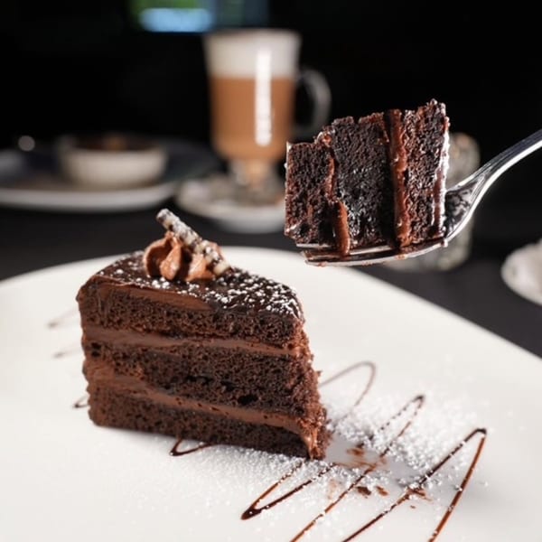 A slice of chocolate cake with frosting and powdered sugar, with a bite on a fork.
