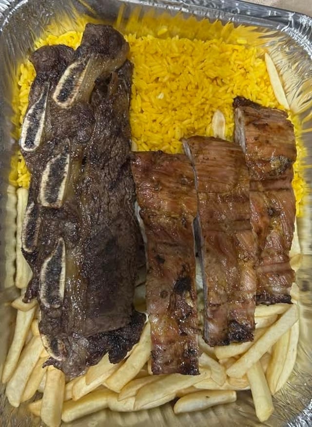 Bbq Beef Ribs & Bbq Pork Ribs Rice & French Fries.